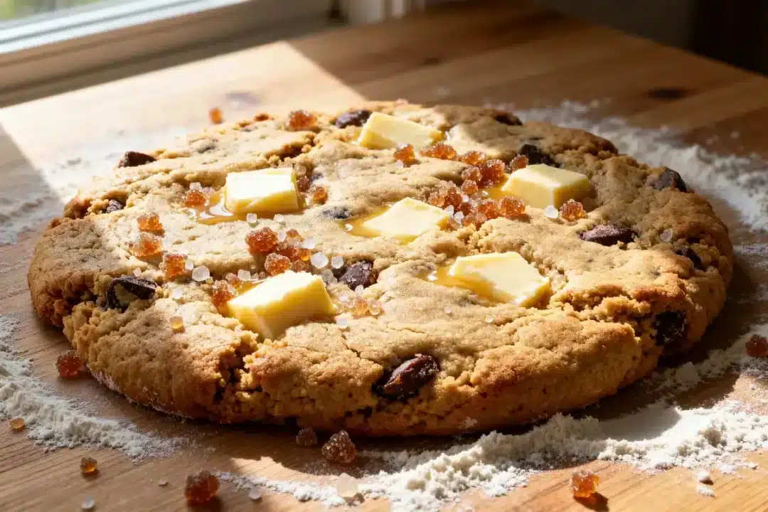 Gros plan de pâte à cookie crue avec morceaux de beurre et pépites de chocolat