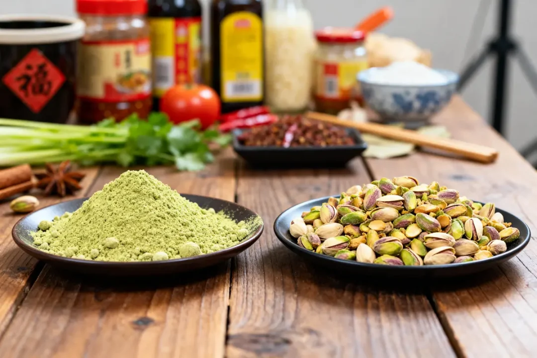 Poudre et pistaches dans des assiettes, ingrédients pour recettes pista and pistachio.