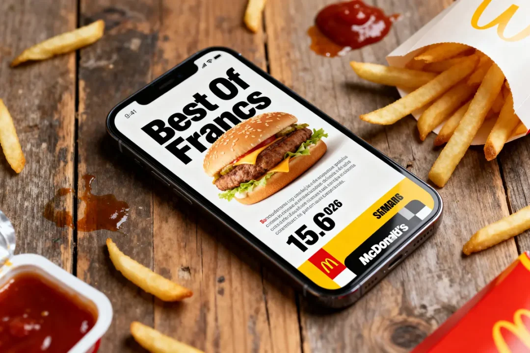 Téléphone affichant un burger avec prix au McDo entouré de frites et sauce ketchup