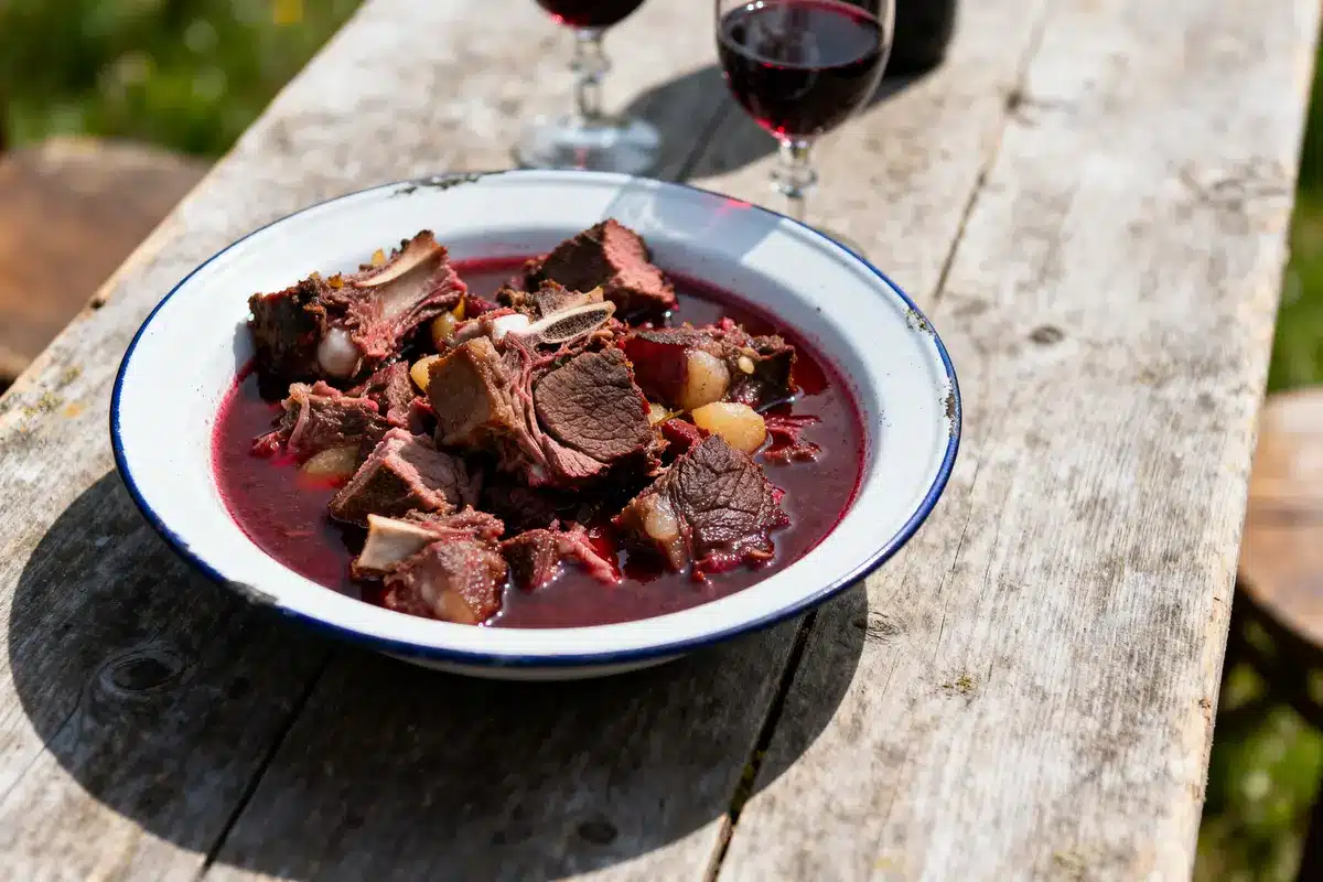 Assiette de viande dans une sauce accompagnant une recette de sanglier rustique en extérieur