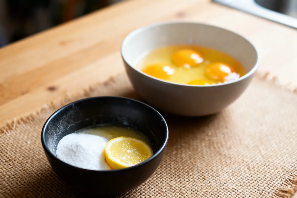 Bol avec oeufs et mélange citron pour remplacer la levure chimique dans une recette
