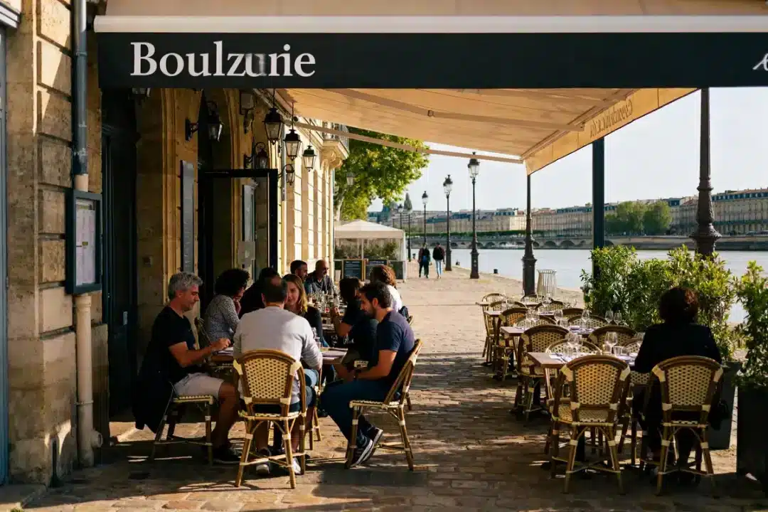 Terrasse animée d'un restaurant sur les quais à Bordeaux en bord de rivière