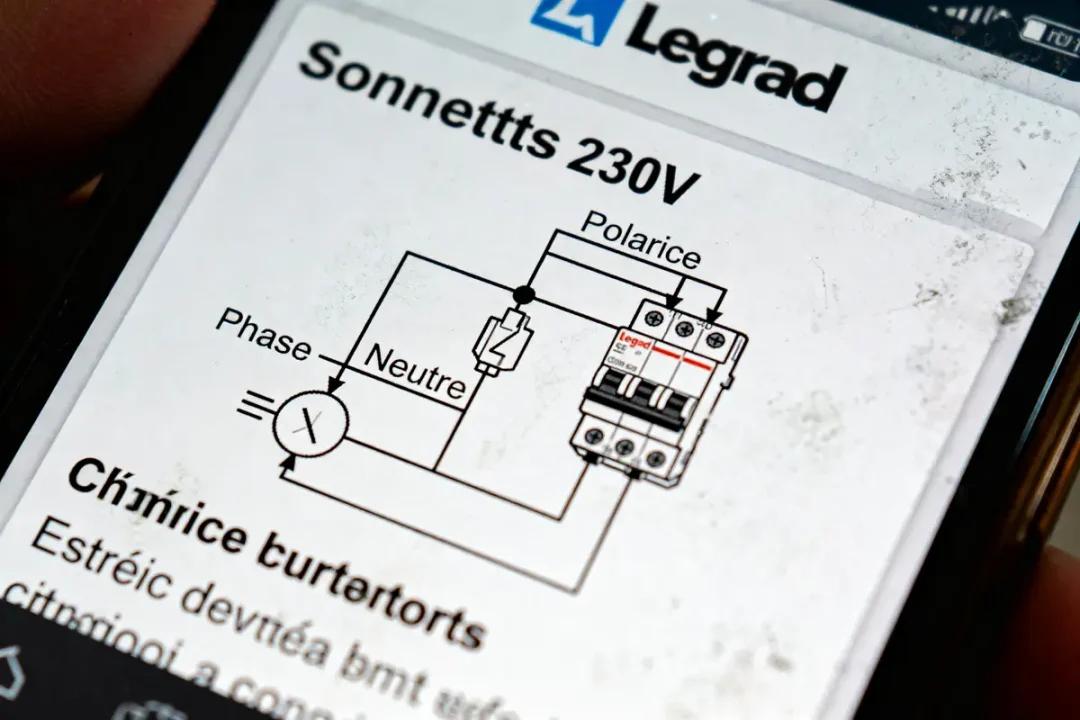 Schéma de branchement pour une sonnette Legrand 230V affiché sur un smartphone.