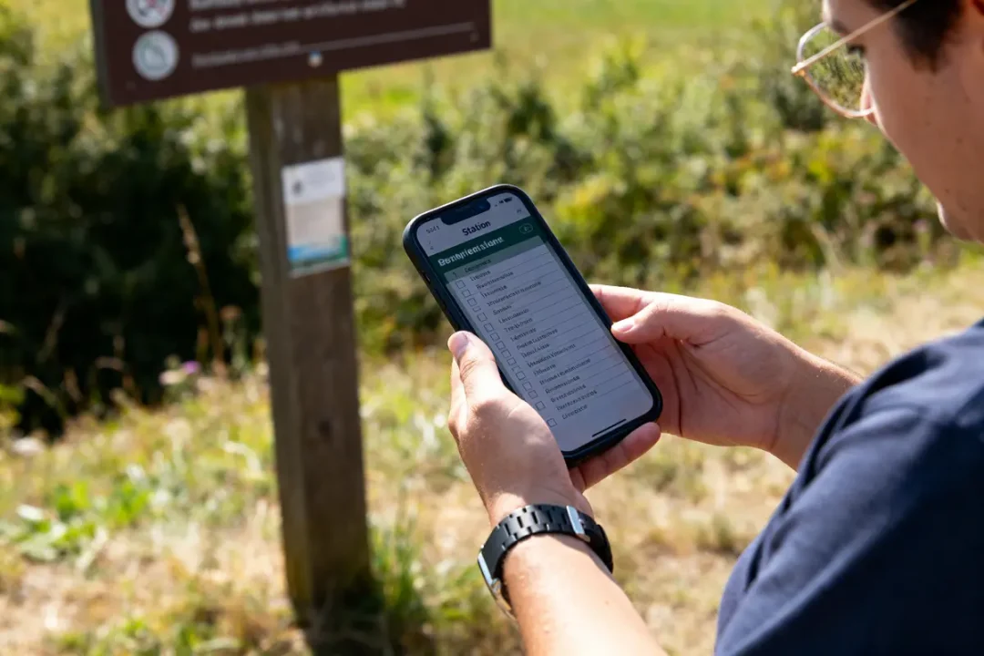 Personne vérifiant une station avec une checklist d'observation sur un smartphone en extérieur