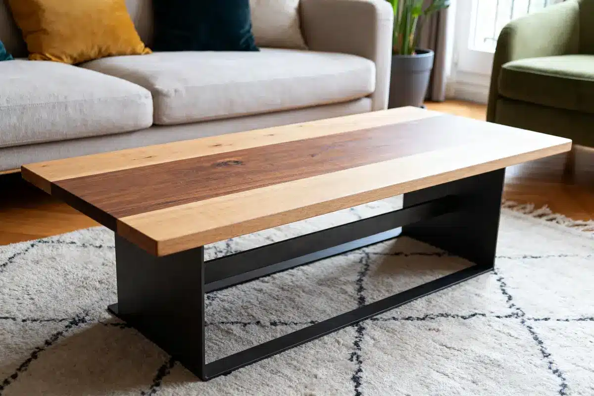 Table basse design Made in Design en bois et métal, située dans un salon moderne