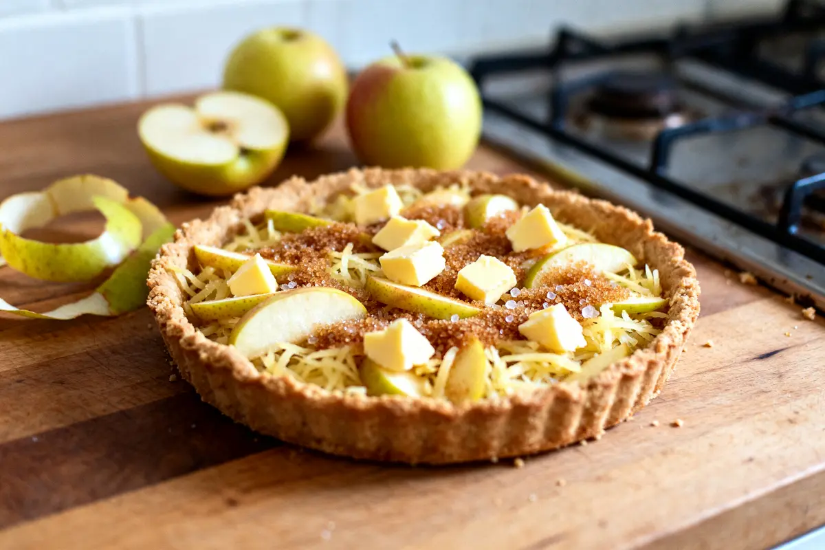 Tarte aux pommes facile avec pommes et beurre sur planche en bois cuisine