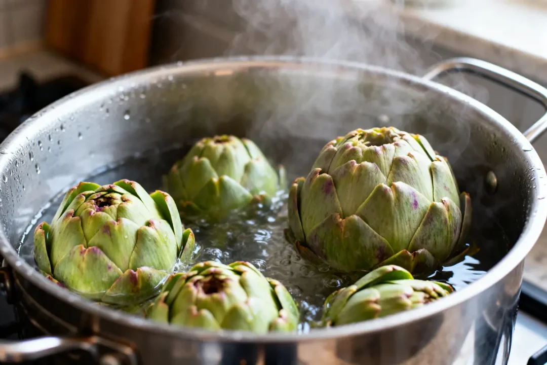 Artichauts cuits à la vapeur dans un faitout, soulignant le temps de cuisson optimal
