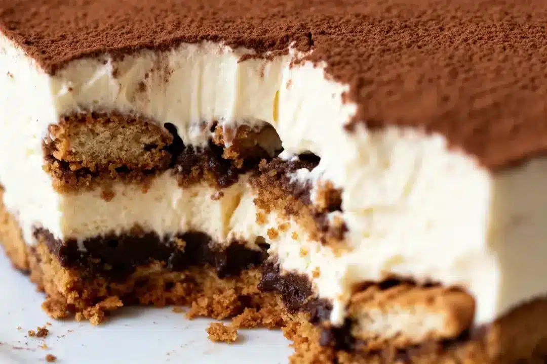 Gros plan sur une part de tiramisu aux spéculoos avec cacao en poudre