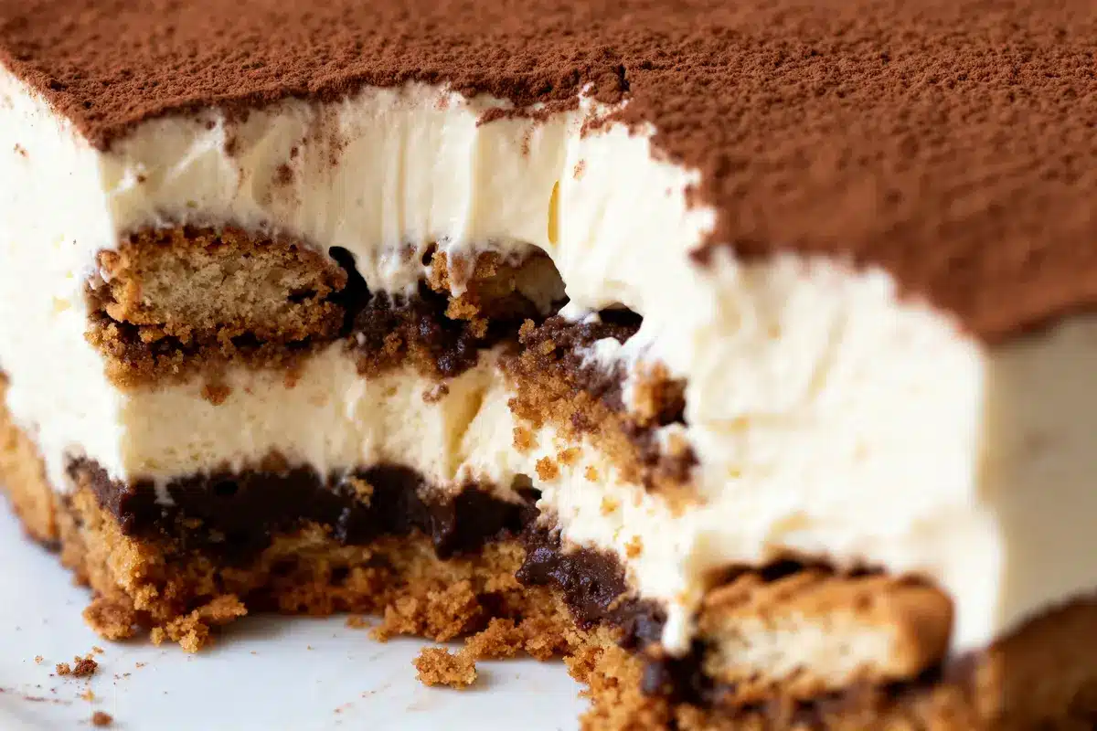 Gros plan sur une part de tiramisu aux spéculoos avec cacao en poudre