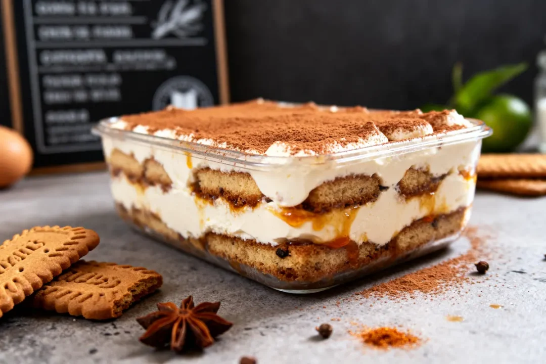 Dessert crémeux en verrine de tiramisu aux spéculoos sur table en fond sombre