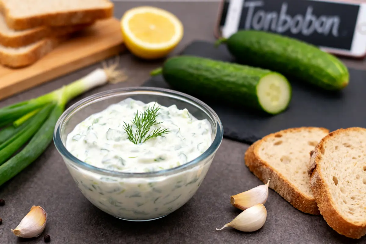 Bol de tzatziki maison Tonbonbon entouré d'ingrédients frais et tranches de pain