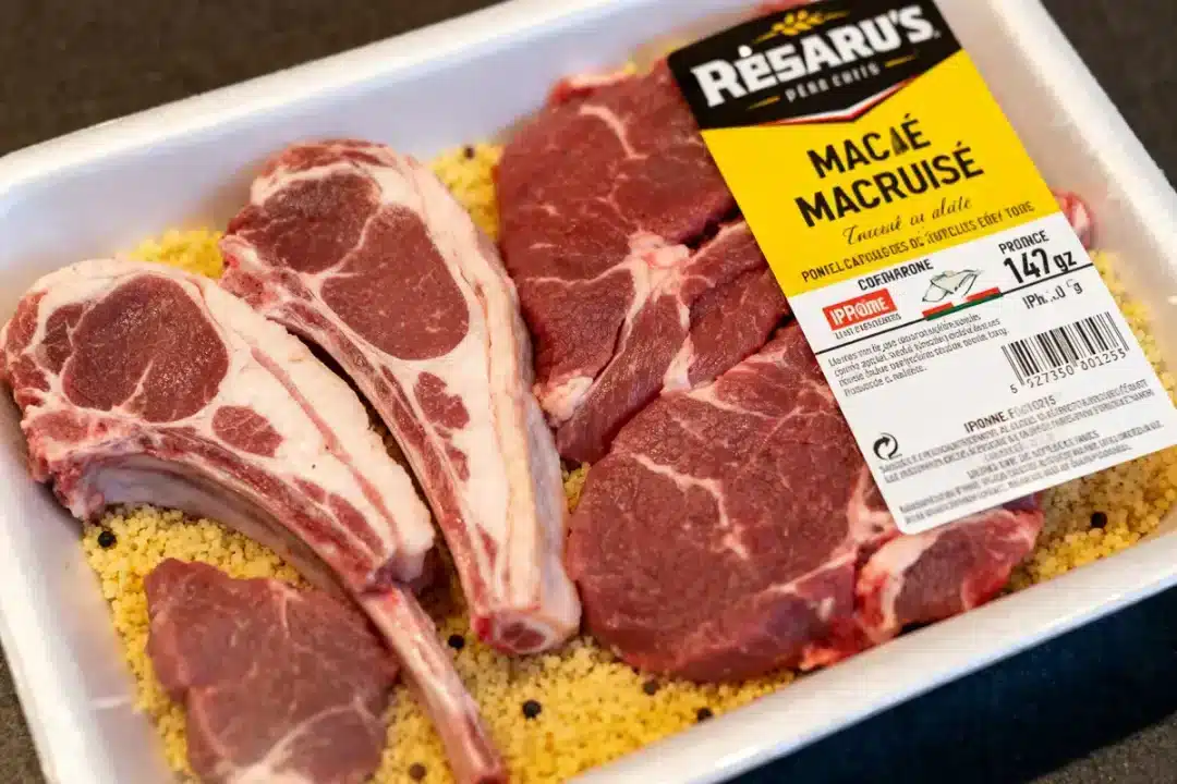 Plateau de viande pour couscous avec côtelettes d'agneau sur lit de semoule jaune