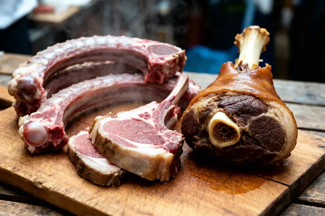 Côtes et gigot d'agneau, viande pour le couscous, sur planche en bois rustique