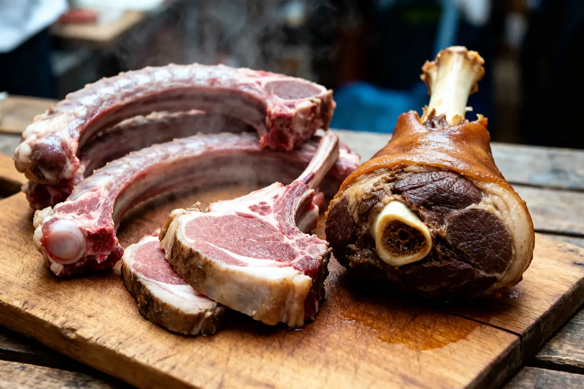 Côtes et gigot d'agneau, viande pour le couscous, sur planche en bois rustique