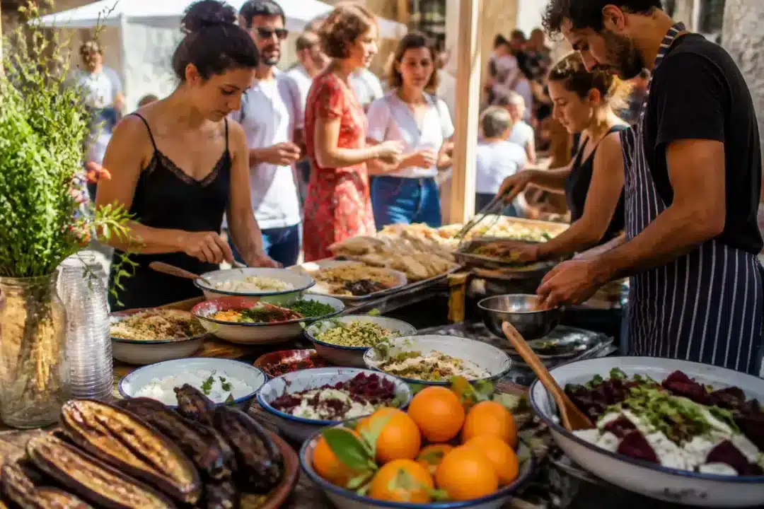 Personnes servant un buffet varié en plein air lors d'un événement Brunch Bazar festif.