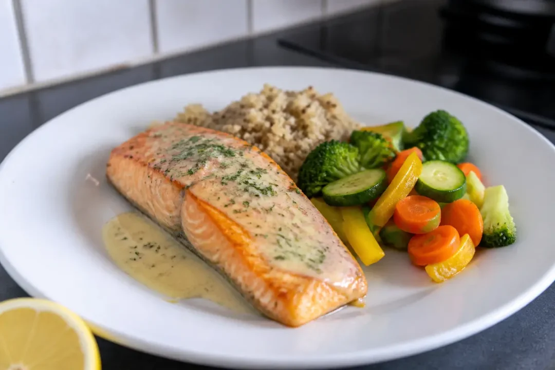 Saumon grillé avec sauce citron, quinoa et légumes variés, parfait accompagnement du saumon
