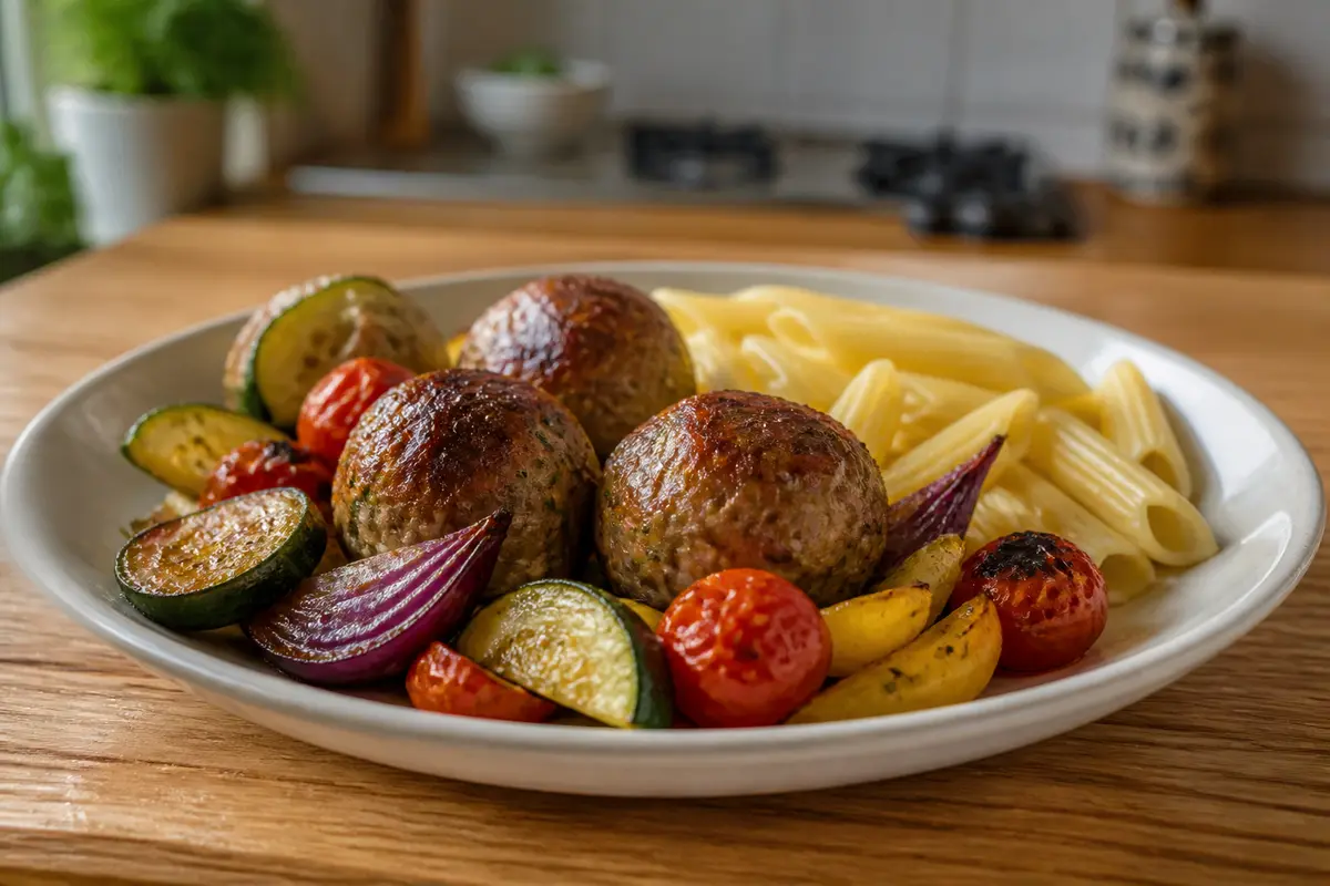 Assiette de boulettes de viande, légumes grillés et pâtes comme accompagnement pour boulettes de viande