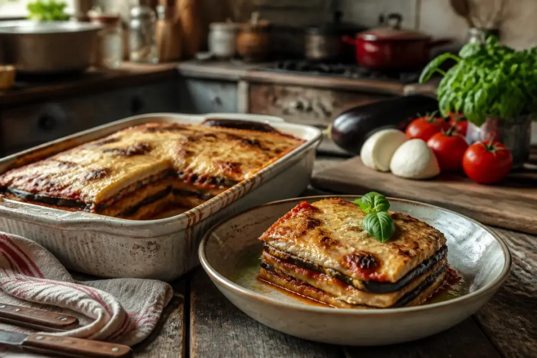Plat de cuisine rustique avec aubergines à la parmesane faciles et ingrédients frais sur table en bois