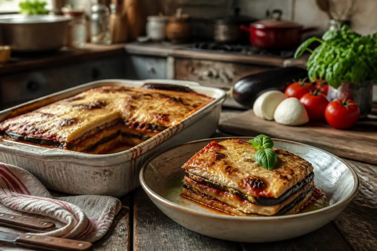 Plat de cuisine rustique avec aubergines à la parmesane faciles et ingrédients frais sur table en bois