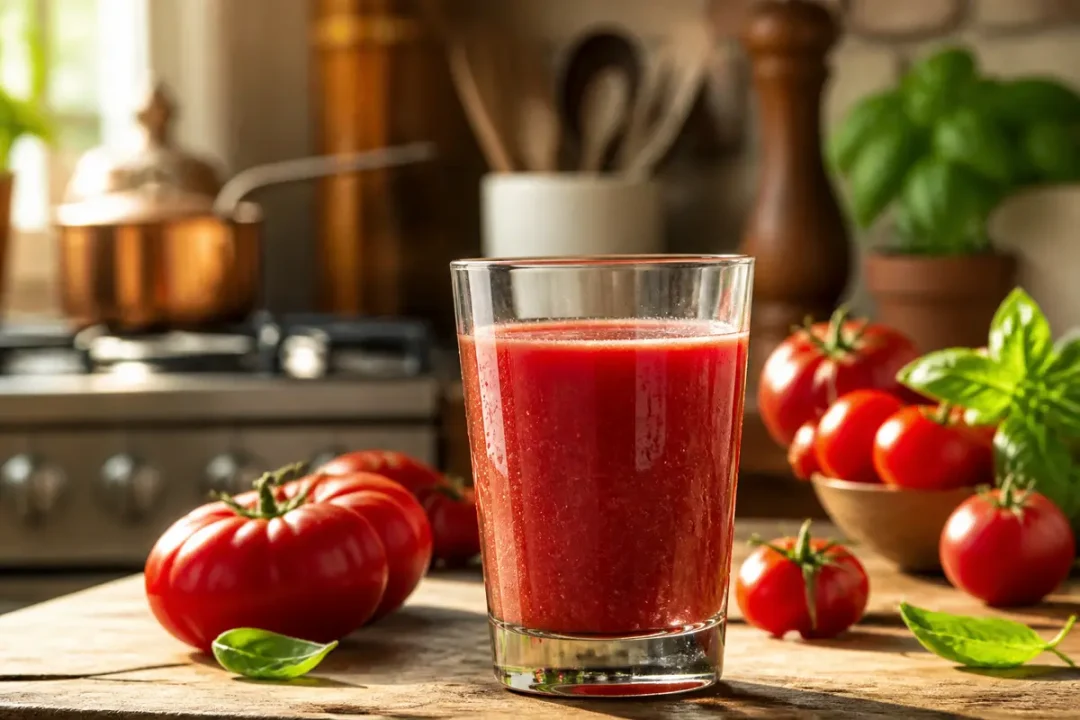 Verre de jus de tomate sur table, évoquant les bienfaits du jus de tomate.