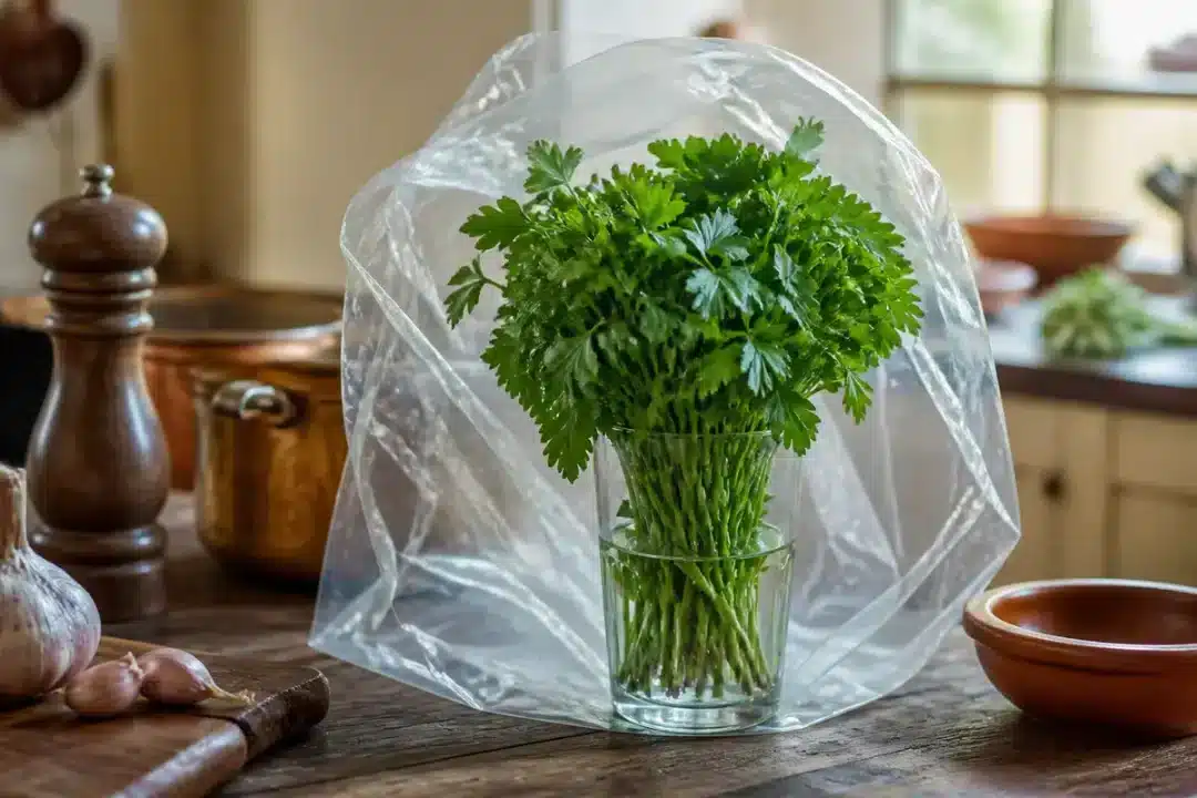 Bouquet de persil frais dans un verre sous plastique pour le conserver plus longtemps