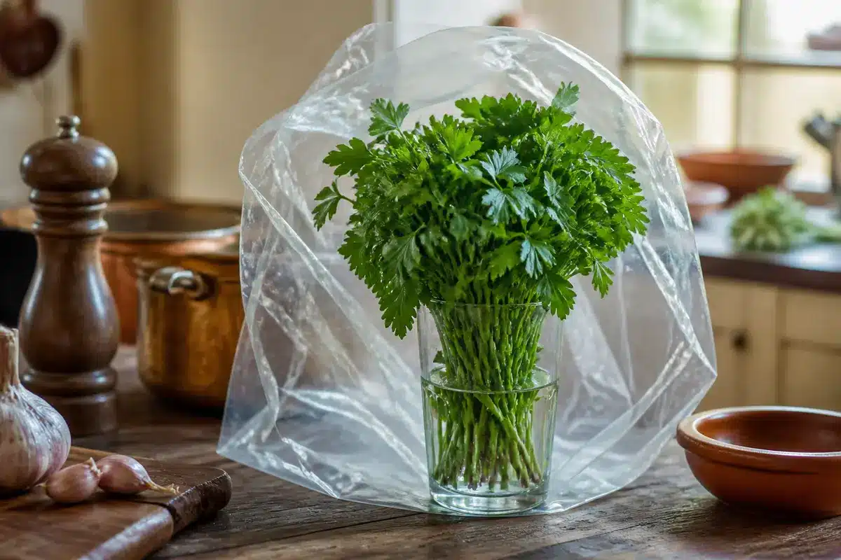 Bouquet de persil frais dans un verre sous plastique pour le conserver plus longtemps