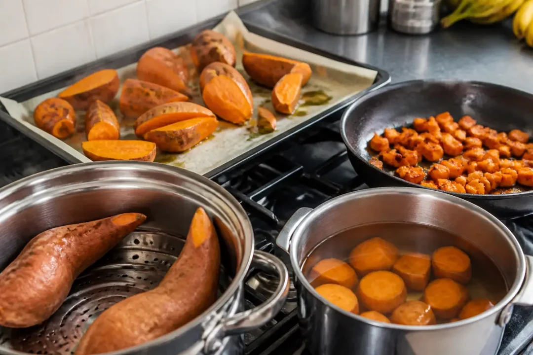 Cuisson simultanée de patates douces rôties, à la vapeur et à l'eau sur cuisinière.