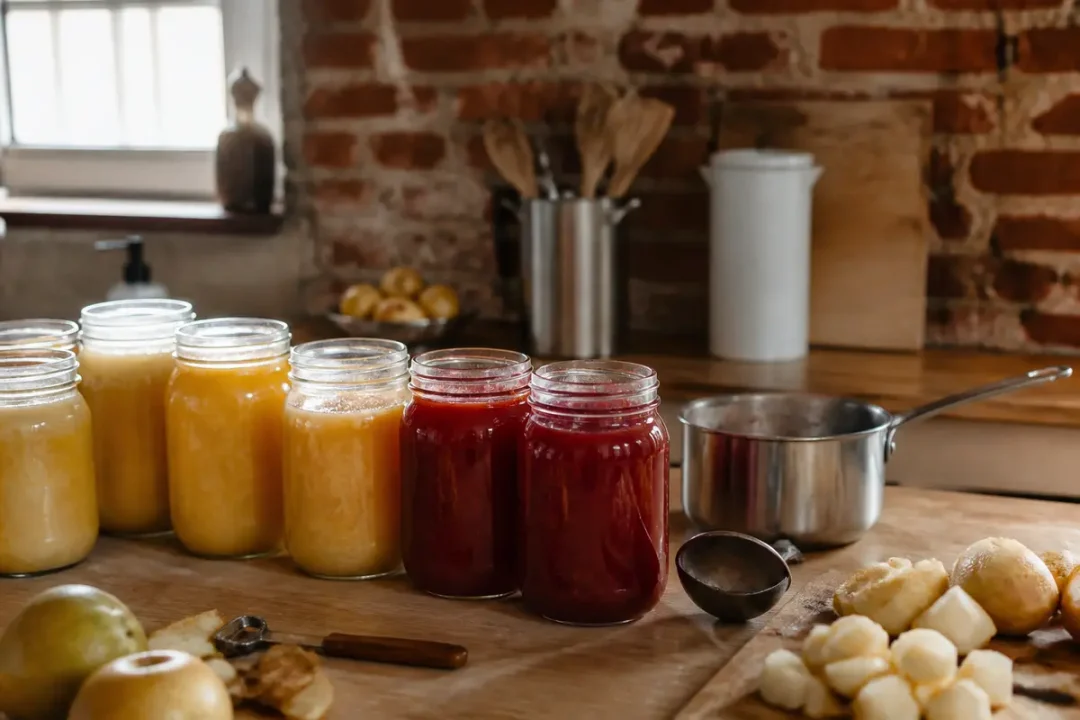 Pots de compote faits maison sur une table en bois dans une cuisine rustique