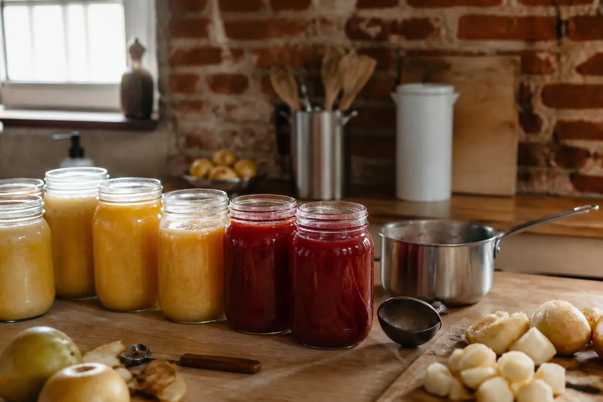 Pots de compote faits maison sur une table en bois dans une cuisine rustique