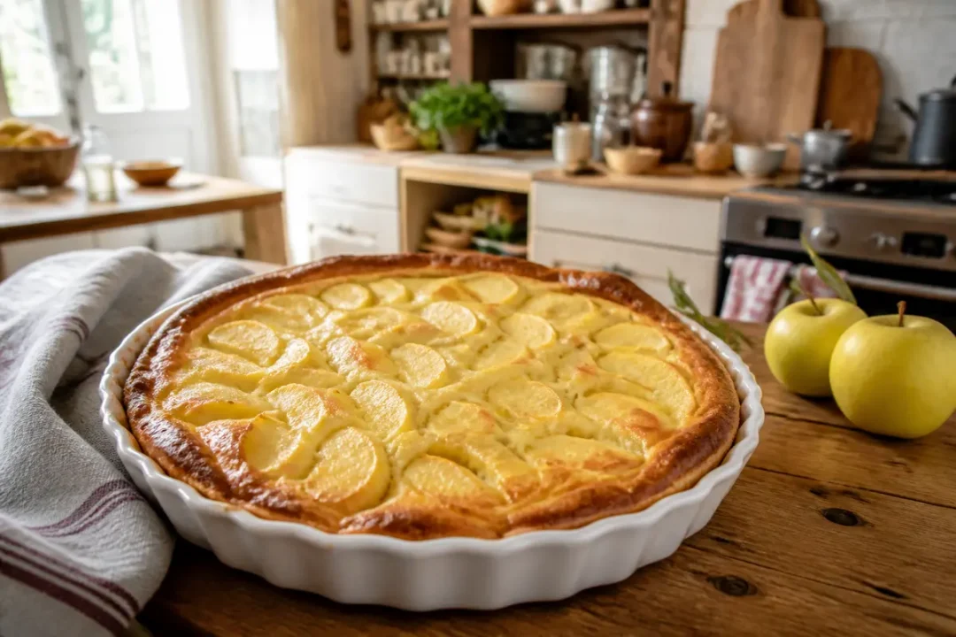 Flognarde aux pommes dorée sur table en bois dans une cuisine rustique accueillante