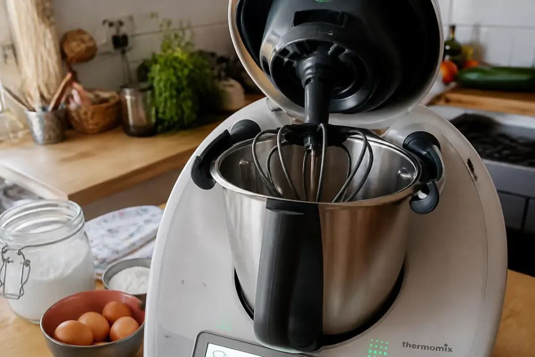 Thermomix montrant le fouet dans un bol inox, ingrédients prêts sur la table de cuisine