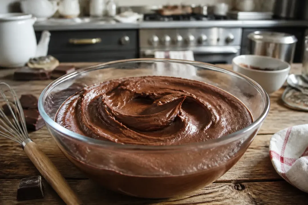 Bol de mousse au chocolat légère et aérienne sur table en bois, cuisine en fond