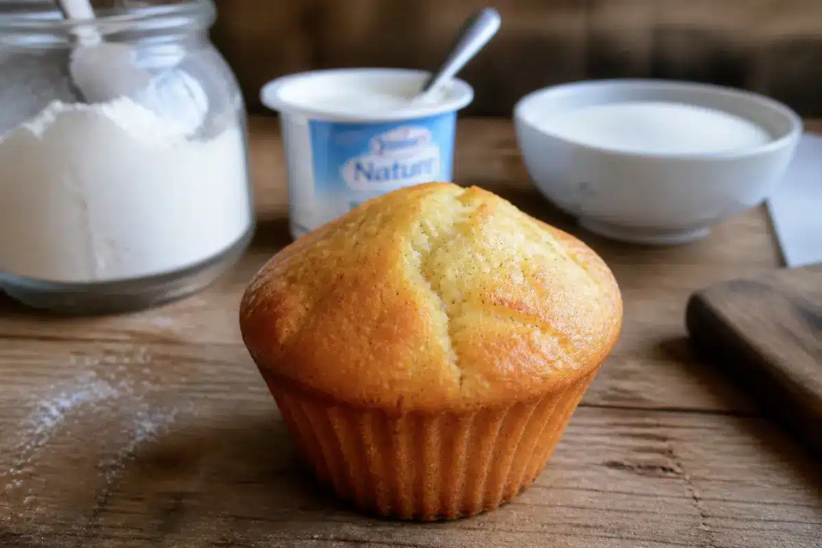 Muffin au yaourt doré avec ingrédients à l'arrière-plan sur une table en bois