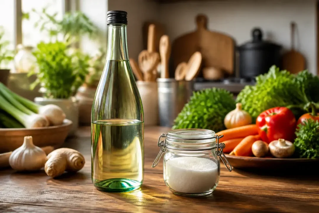 Bouteille et pot en verre sur table de cuisine pour remplacer le mirin