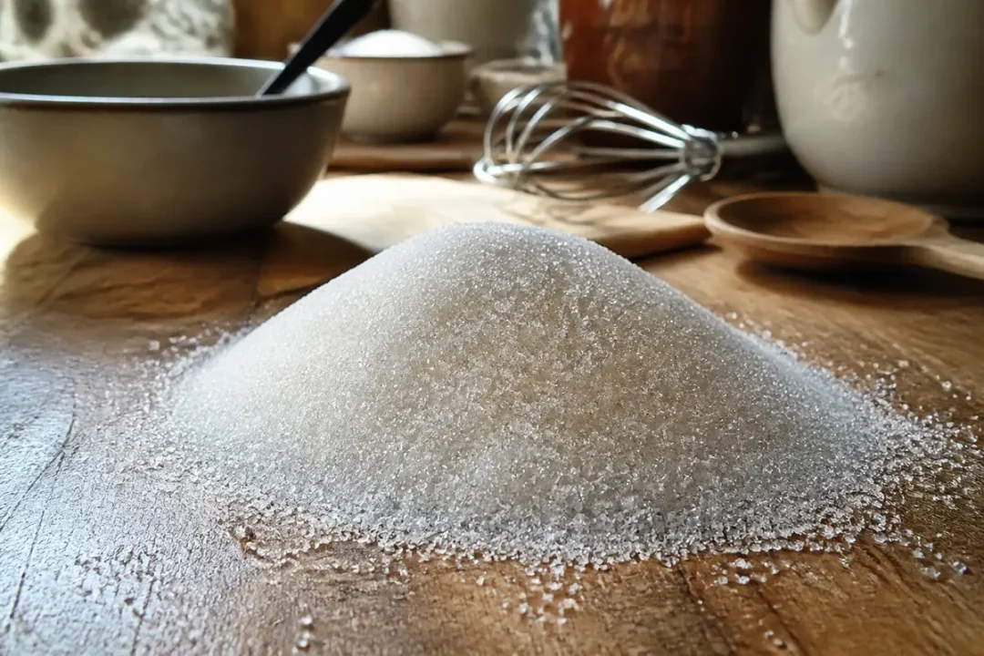 Monticule de sucre sur table de cuisine, illustrant qu’est-ce que le sucre semoule.