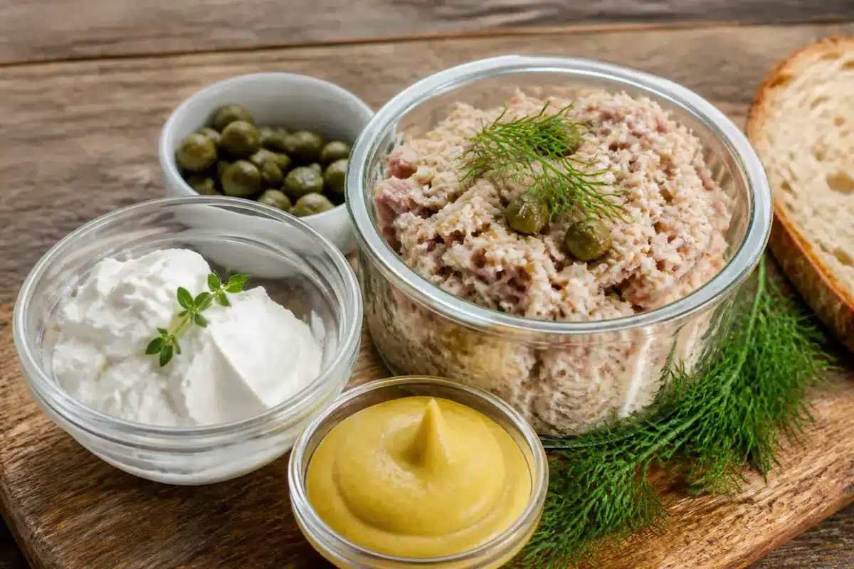 Bol de rillettes de maquereau avec crème, moutarde, câpres et pain sur planche bois