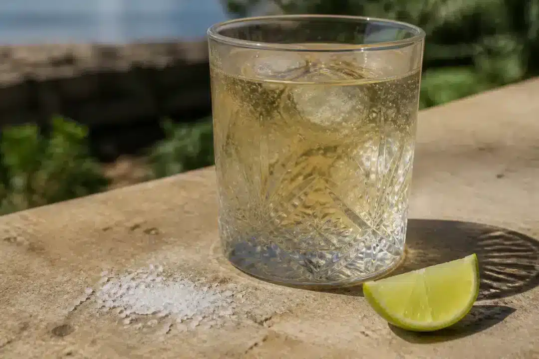 Verre de cocktail avec glaçons, sel et citron pour une expérience parfaite de Teq Paf