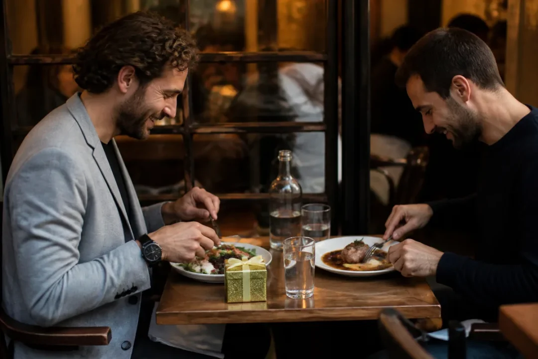 Deux amis partageant un repas au restaurant avec un petit paquet cadeau sur la table